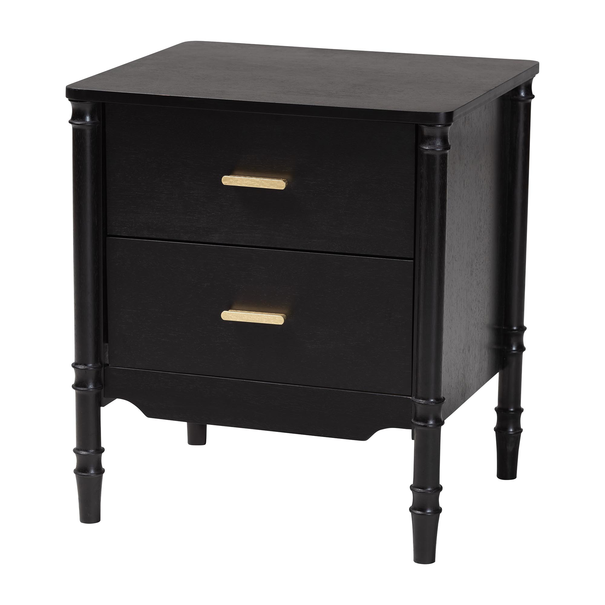 Baxton Studio Marisela Black Wood Nightstand with Gold Handles - 2-Drawer Bedside Table with Bamboo-Inspired Legs, Modern Transitional Accent Furniture for Bedroom or Guest Room